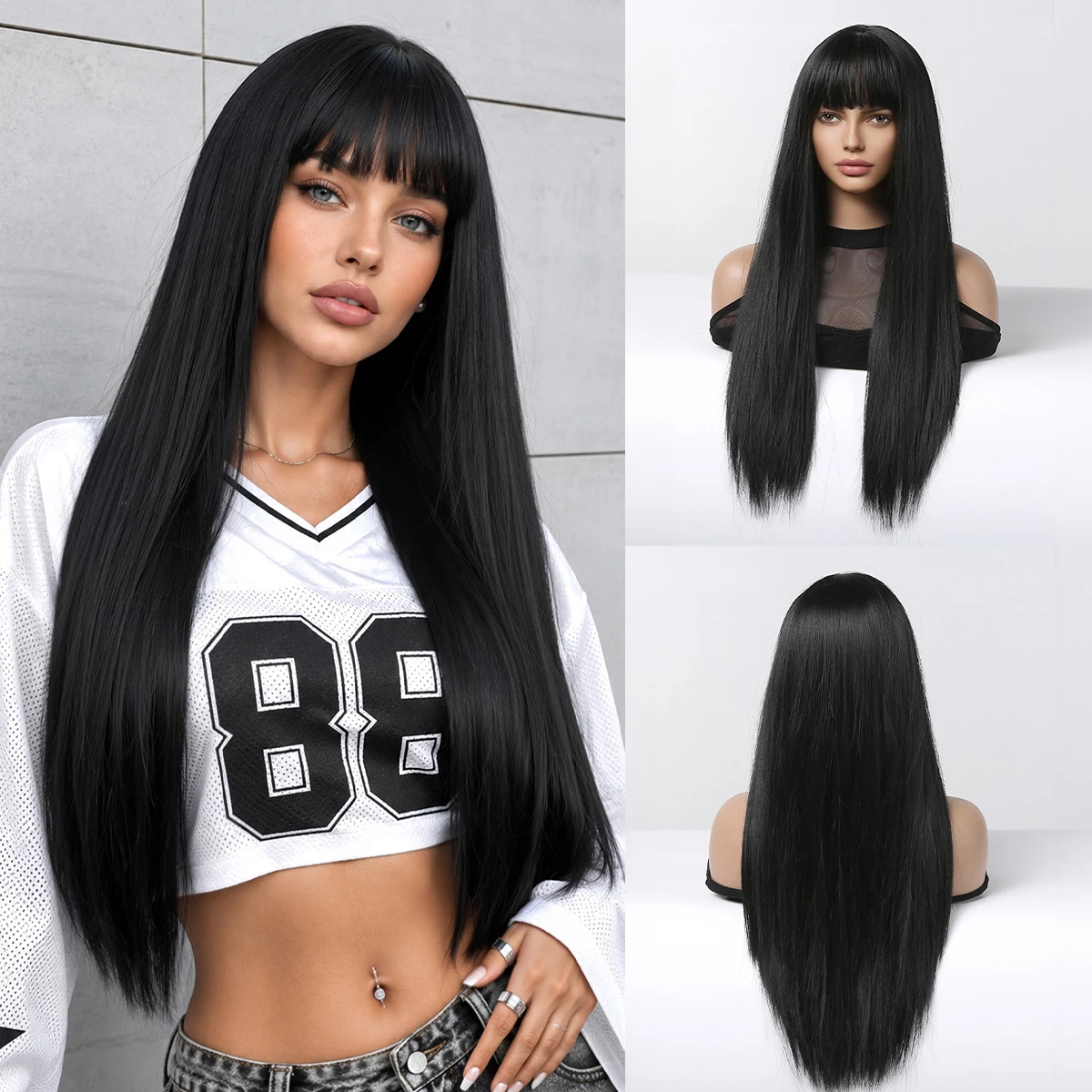 Topshe Black Long Straight Synthetic Wig With Bangs Heat Resistant Silky Smooth Daily Cosplay Hair Wig For Women