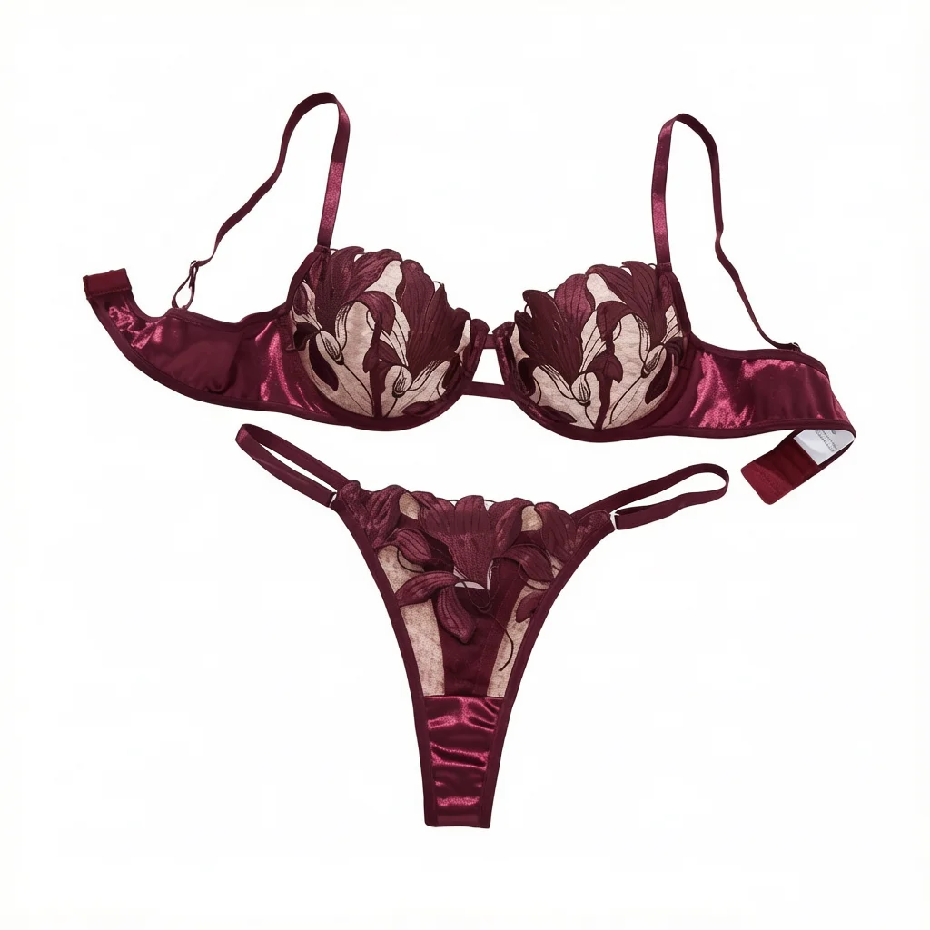 Brownish purple-colored embroidered print pajama set - A set featuring a floral design suitable for women, a sexy bra ZA824031