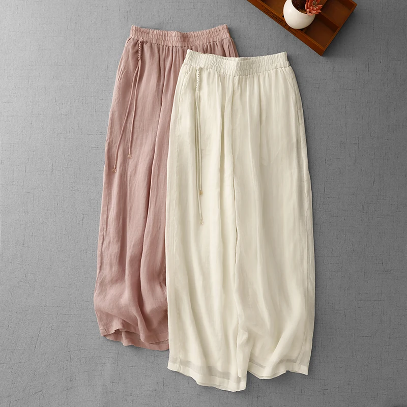 High Waist Wide Leg Cotton Linen Skirt Pants Women's Autumn Loose Casual Straight Tube Pants Double Layered Pure Color