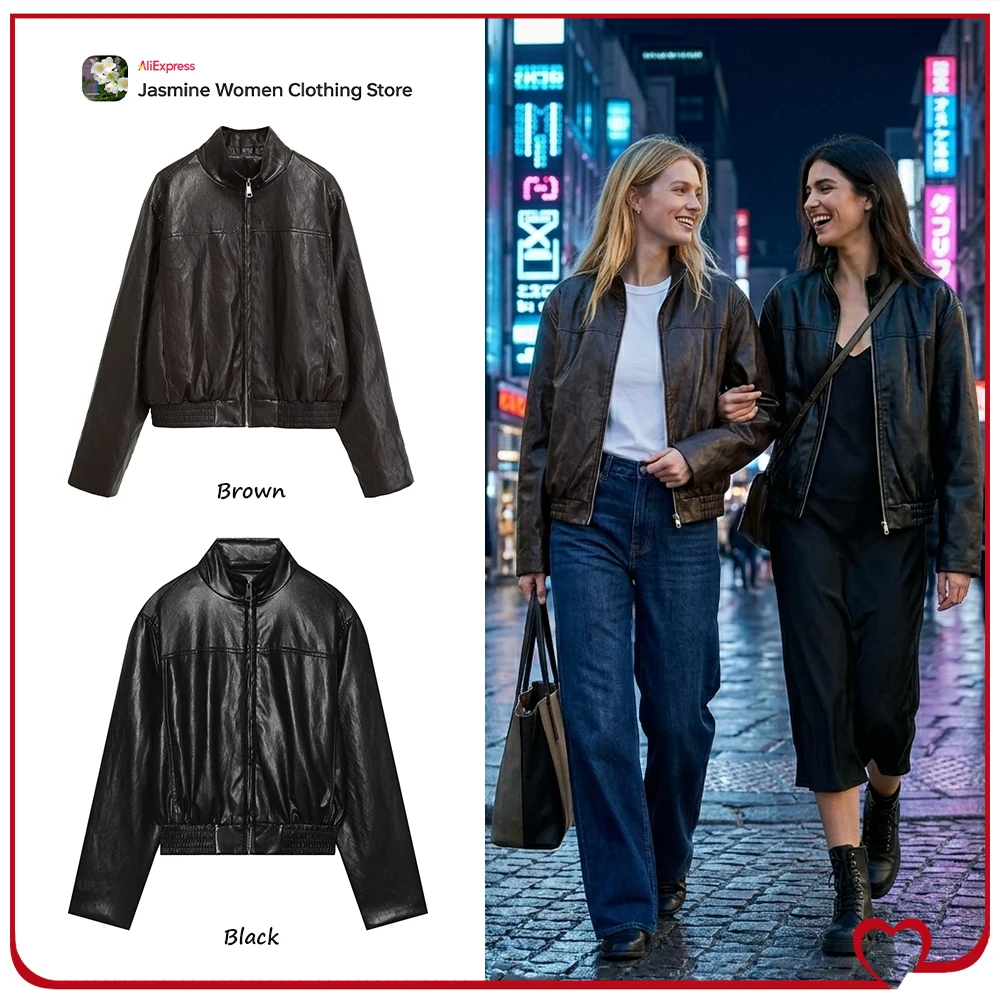 Elegant Fashion Cropped Faux Leather Bomber Jackets for Women New in Stylish High Neck Long Sleeve Zippered Jackets with Pockets
