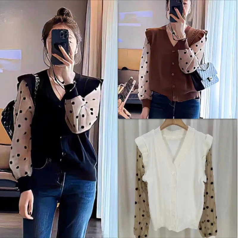 

Autumn Women Shirt Polka Dot Chiffon Patchwork Knitted Long Sleeve Top