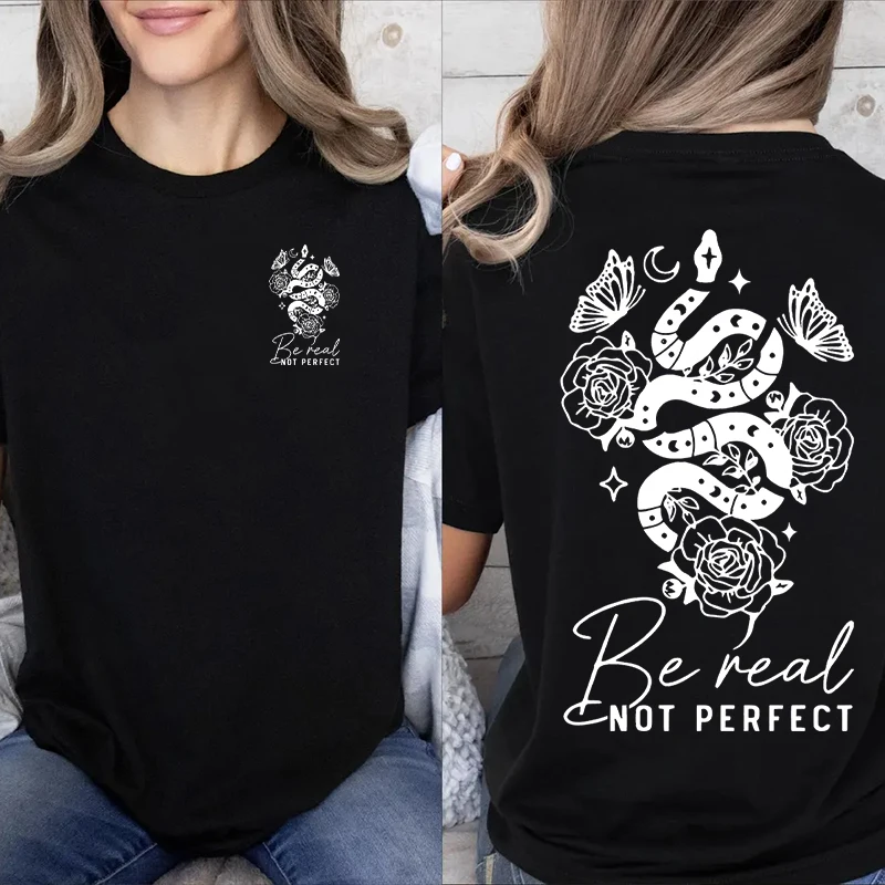 

Be Real No Perfect Printed Vintage Snake T-Shirt Casual Vacation Round Neck Women Short Sleeve Tees Fun Animal Female Tshirts