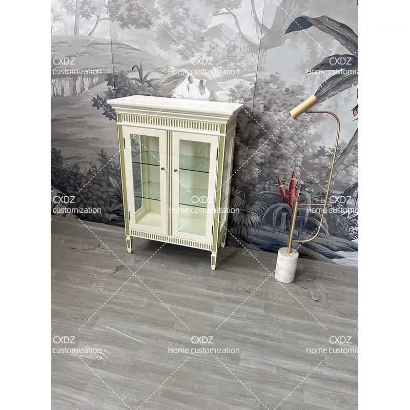 Retro Carved Edge Wine Cabinet Light Luxury Storage Locker for Living Room Porch Antique Style Customizable Home Furniture
