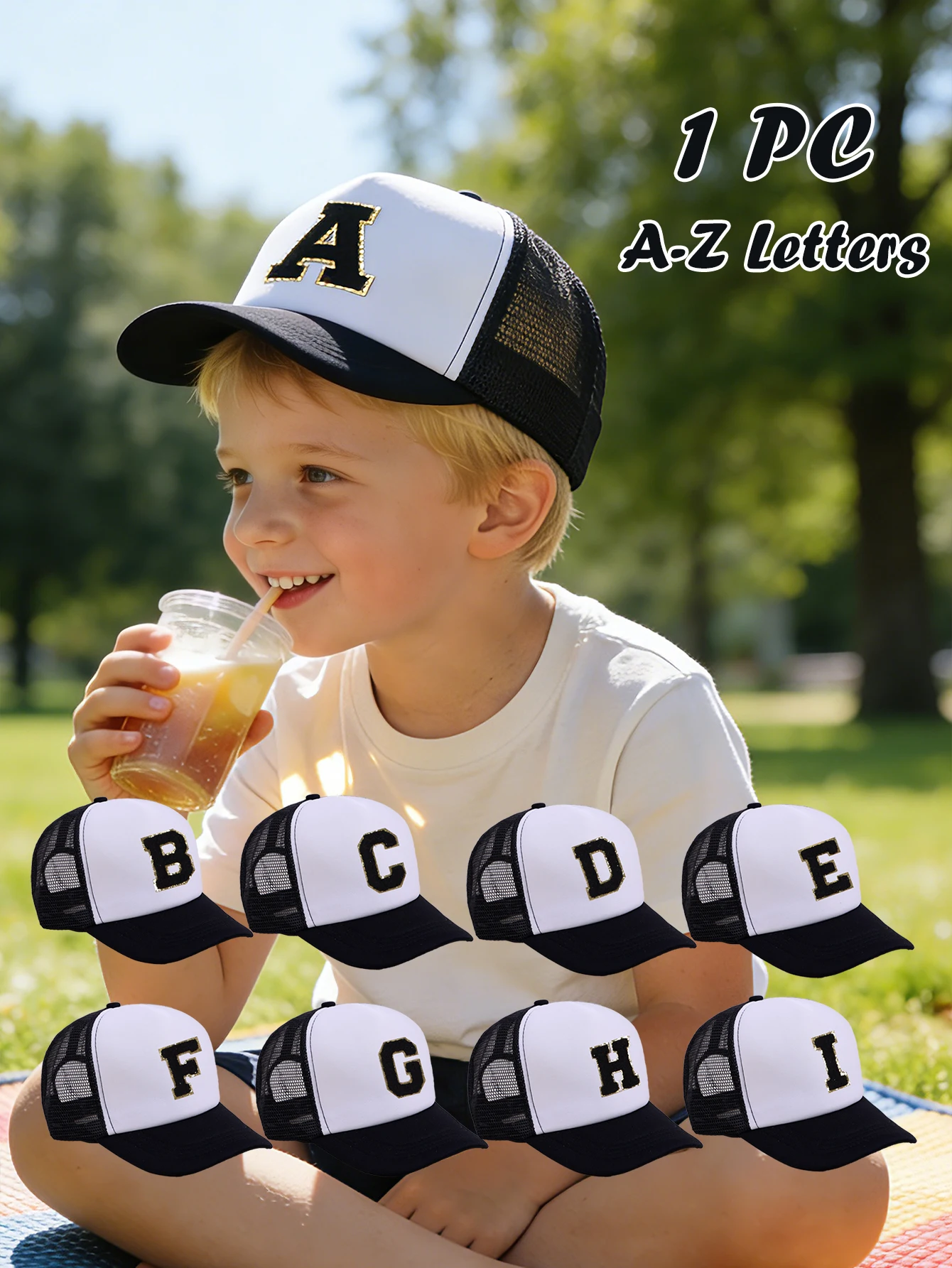 

1pc Black Hat With 26-Letter Pattern, Kids Cap For Boys And Girls, Baseball Cap, Sun Visor Hat, Suitable For Outdoor Activities