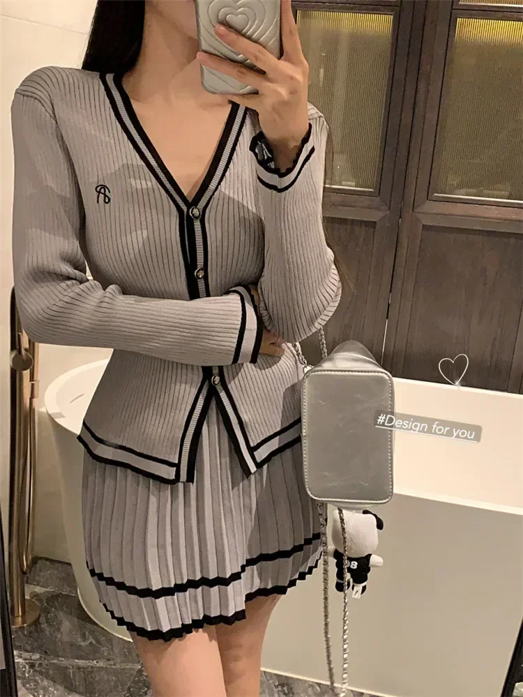 Fashion Knitted 2 Piece Sets Spring Women 2025 BM Style V Neck Sweater Cardigan&Pleated Mini Skirt Blue Grey 2PC Dress Suits