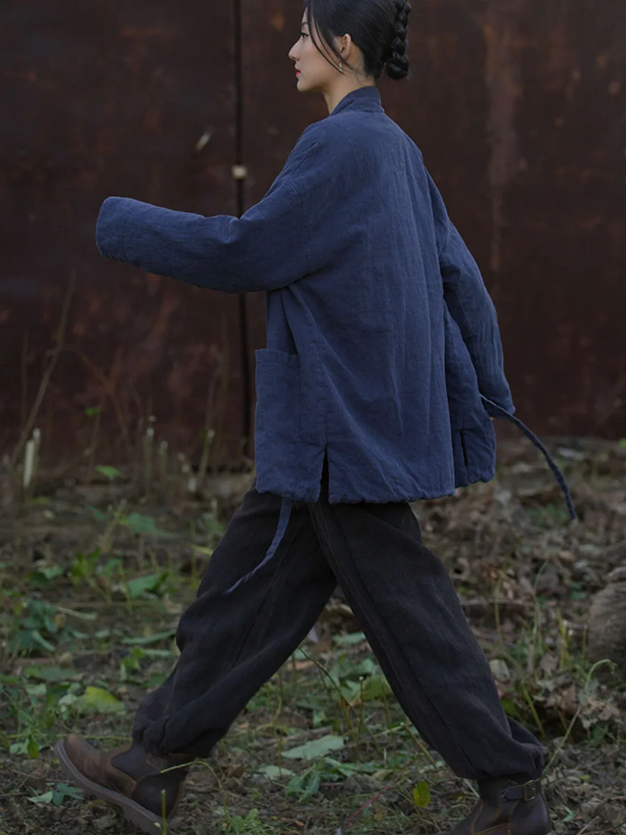 Vrouwen Hanbok Ramee Katoen Gebakken kleur Gewatteerde Jas Winter Kimono Stijl V-hals Losse Lace-Up Warme Jas Casual Gewatteerde uitloper