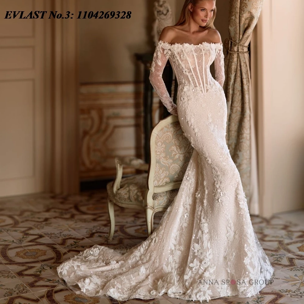 EVLAST مخصص خمر حورية البحر فستان الزفاف كم طويل الدانتيل زين الديكور مثير فستان زفاف Vestidos De Novia E3W74