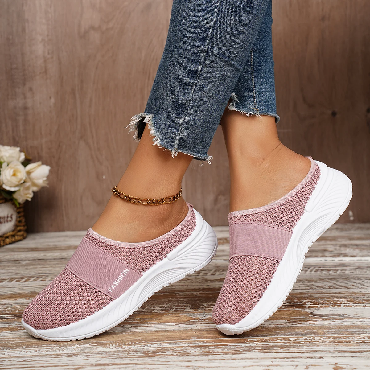 Breathable Mesh Upper White Slip-On Sneakers For Women, Soft Cushioned Comfort Fit Slipon Casual Shoes With Durable PVC Sole