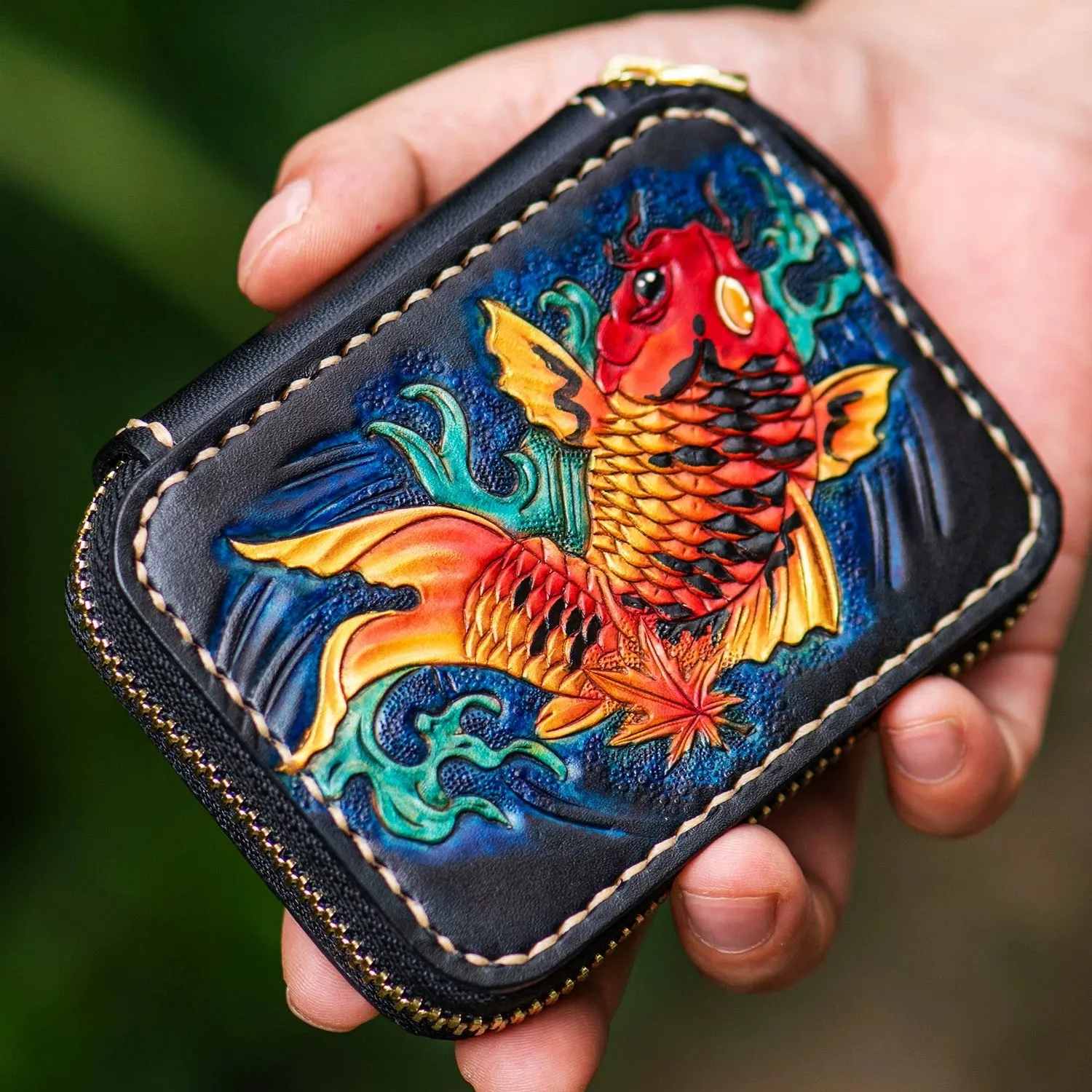 Mini purse men's short zipper Golden Lucky Fish wallet ladies genuine leather card holder bag coin purses female leather wallets