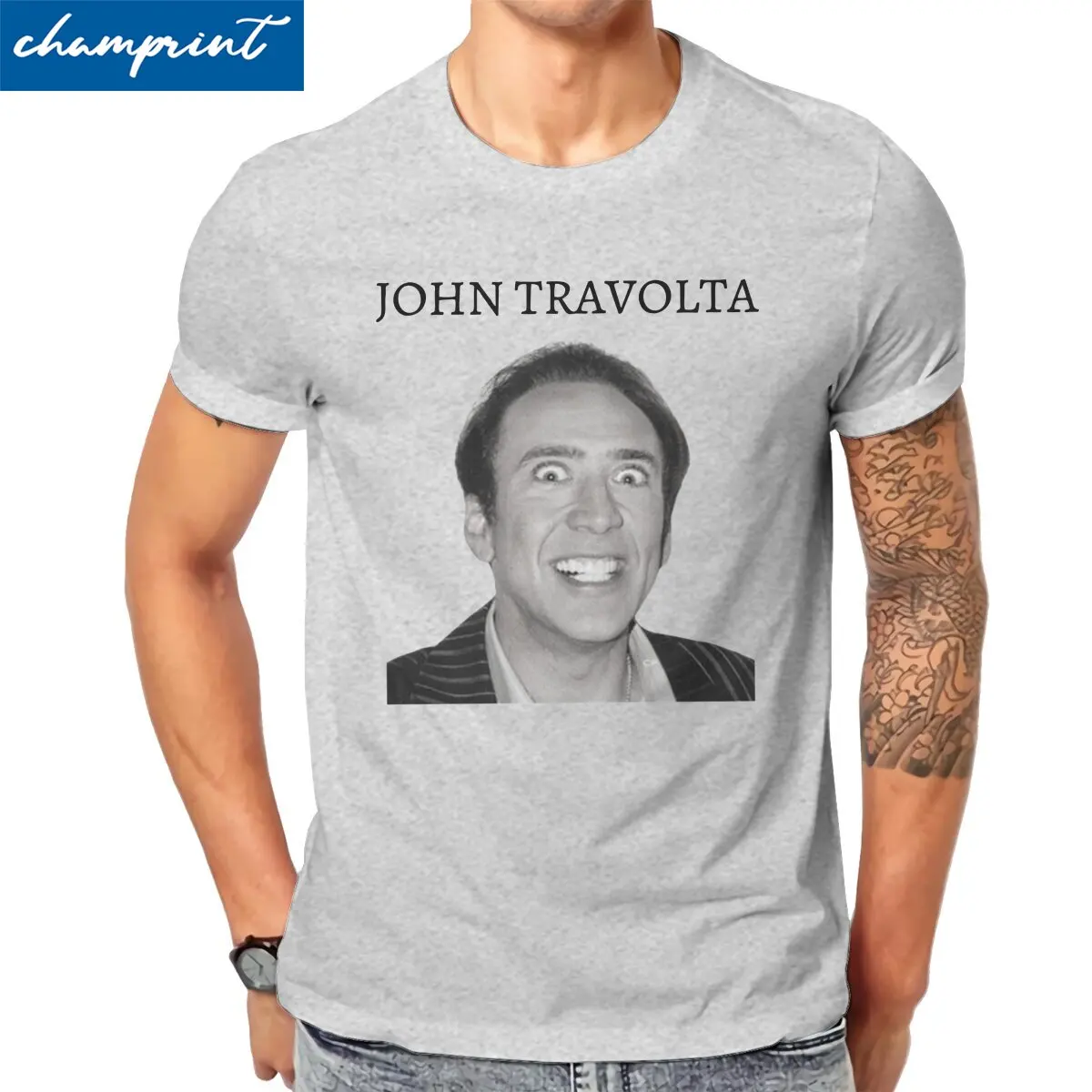 John Travolta Nicolas Cage Funny Meme Men\'s T Shirt  Funny Tees Short Sleeve O Neck T-Shirts Pure Cotton Big Size Clothing