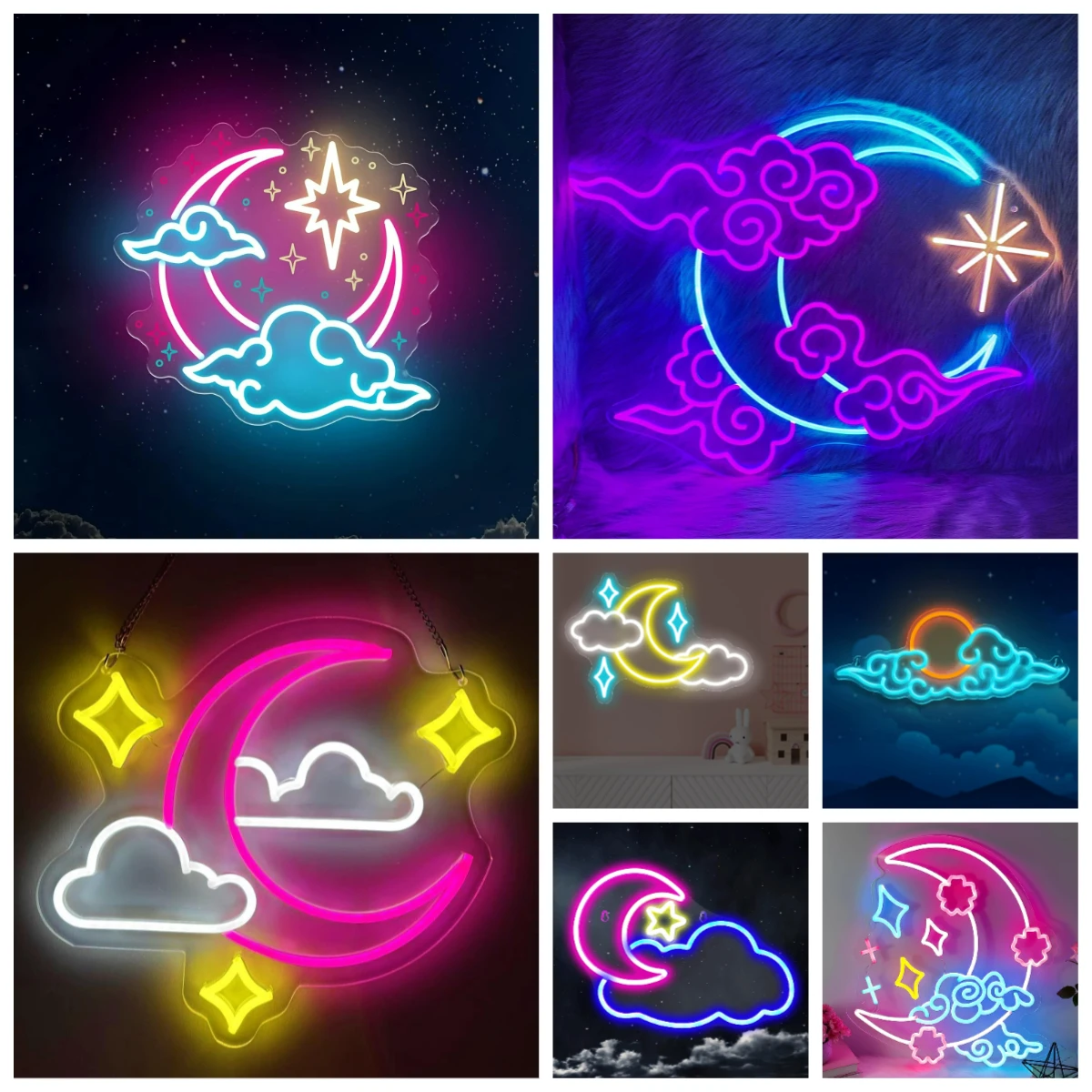 Crescent Moon Cloud Star Neon Sign USB Powered LED Light for Bar Game Room Bedroom Decoration Christmas Gift Art Wall Light