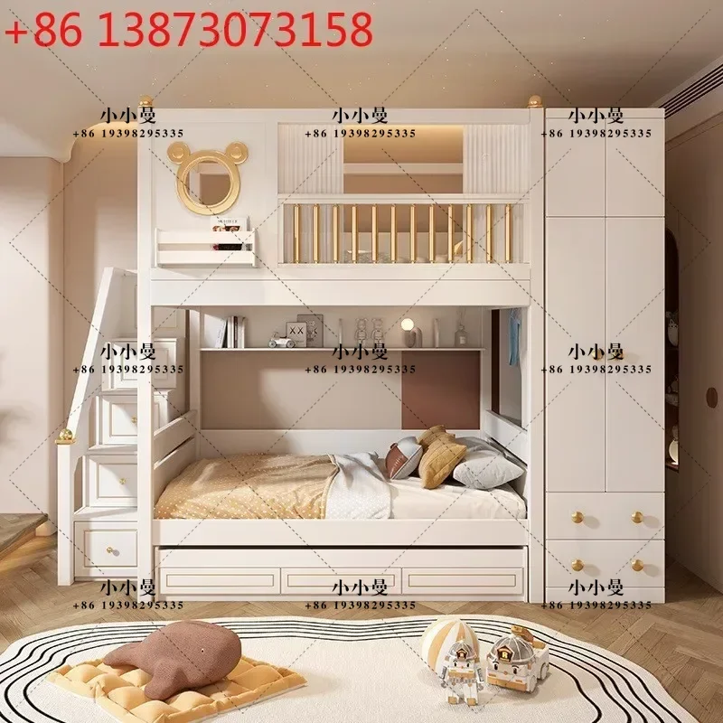 Children's bunk beds with high and low mother-child beds combined with a raised double-layer slide and wardrobe