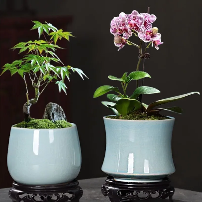 2023 Chinese Style Ceramic Round Antique Small Flower Pot Bonsai Pot Creative Simple Orchid Succulent Flower Pot with Base LF117