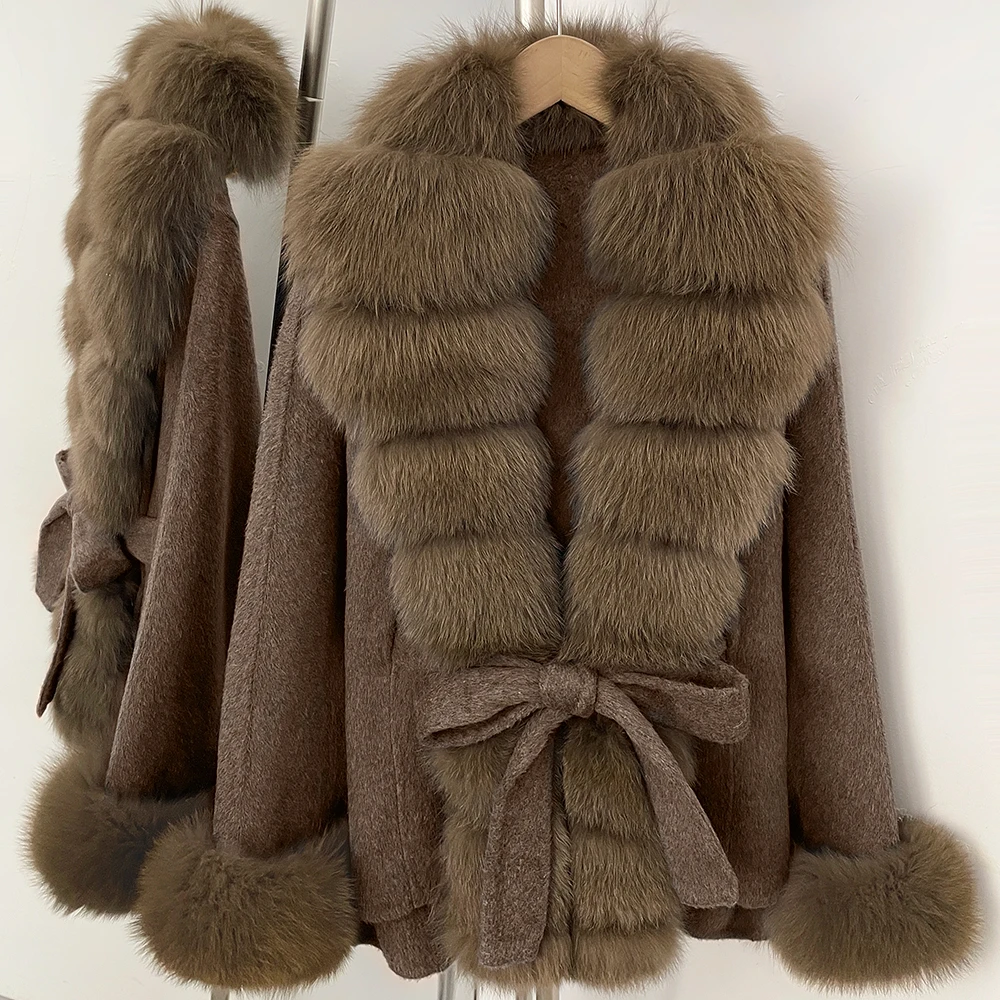 Ladies Short Woolen Coat Oversized Genuine Fur Shawl Collar Cuff Trim Belt Waist Chic Winter Outerwear For Daily Business Wear