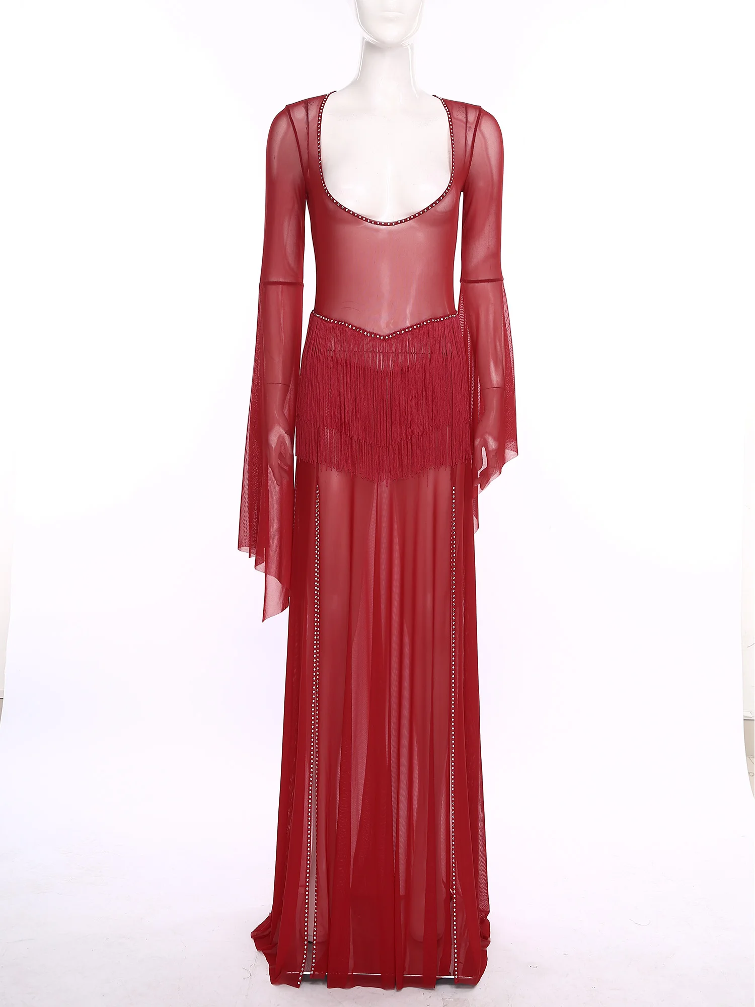 Sukienka do tańca brzucha dla kobiet, rękawy dzwonki, ozdobny rozcięcie na dole, długa sukienka maxi, seksowna sukienka do tańca latynoamerykańskiego, samby, tanga, strój do występów.