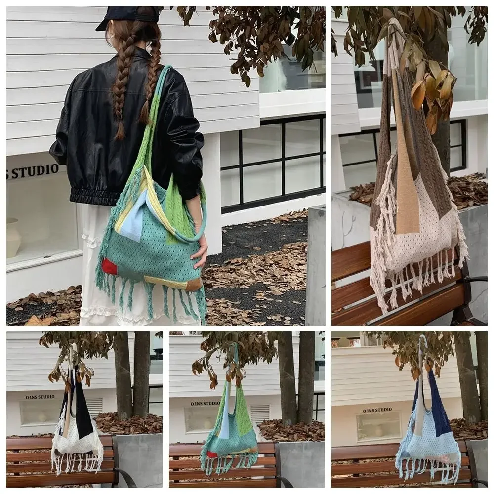 

Sweet Casual Hollow Crochet Bag Patchwork Soft Boho Style Handbag Chic Retro Knitted Tassel Shoulder Bag Outdoor