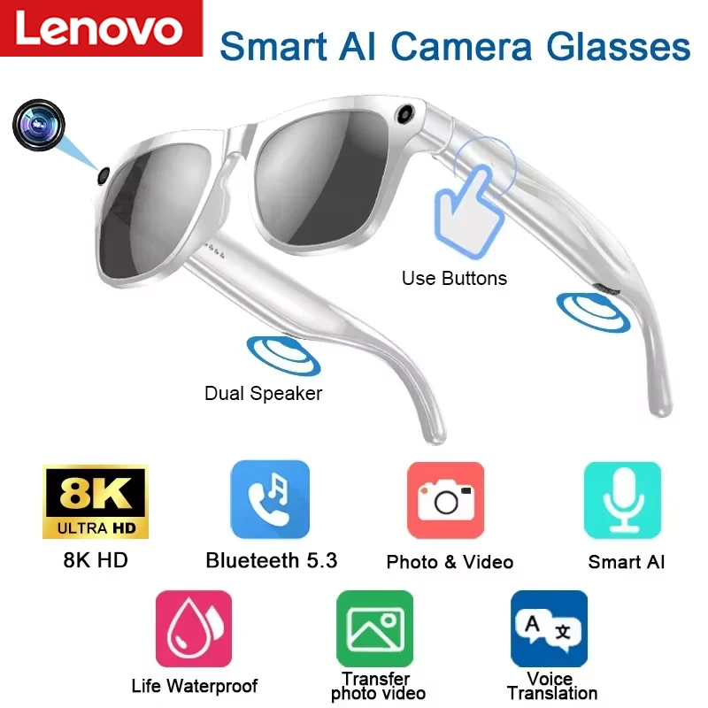 Lenovo 8K HD AI Умные очки Chat GPT 100MP Камера Bluetooth 5.3 Вызов 260 мАч Аккумулятор Голосовой помощник Управление Умные очки