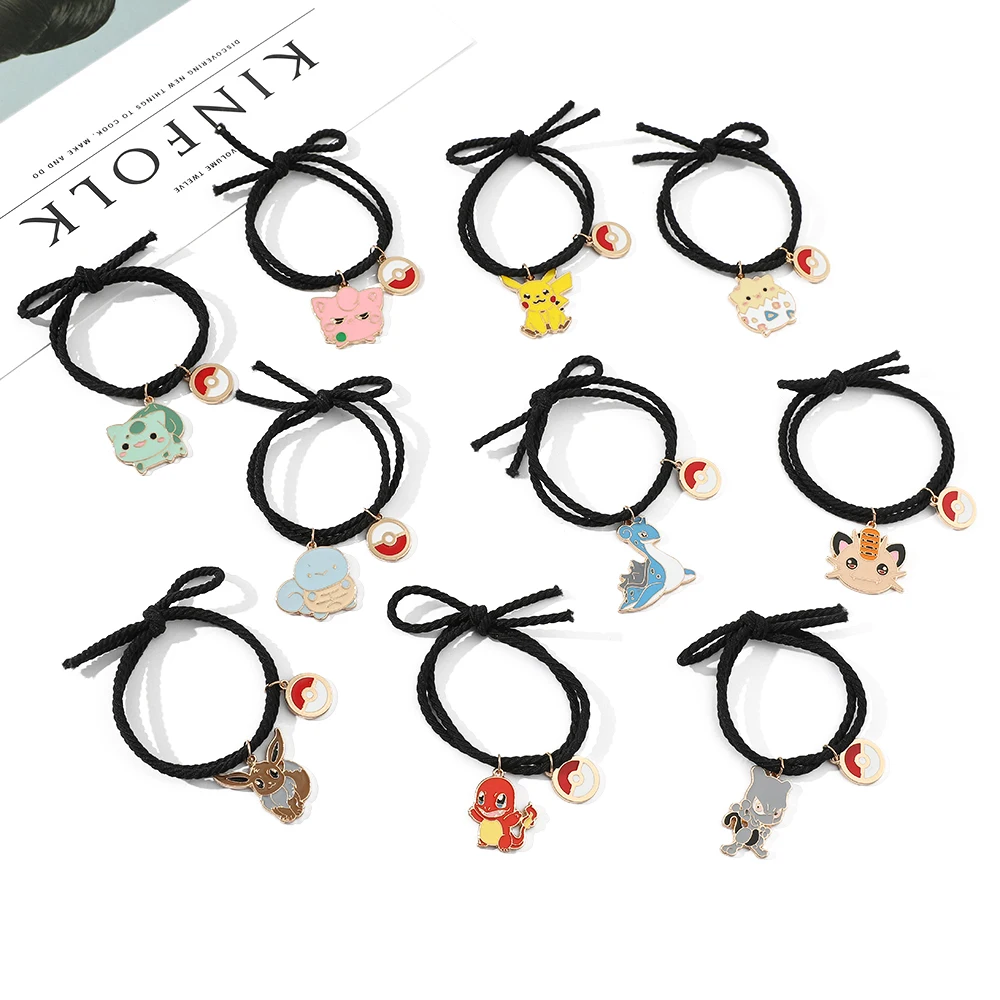 Pokemon Anime Figure Hair Pins Cute Pikachu Charmander Jigglypuff Enamel Pendant Small Fresh Hair Rope Rubber Band Headdress