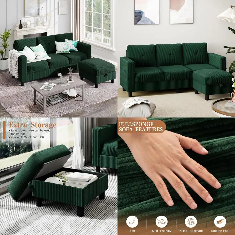 

Угловой диван-трансформер с обивкой и оттоманкой для хранения, с откидным шезлонгом для гостиной, зеленая льняная ткань