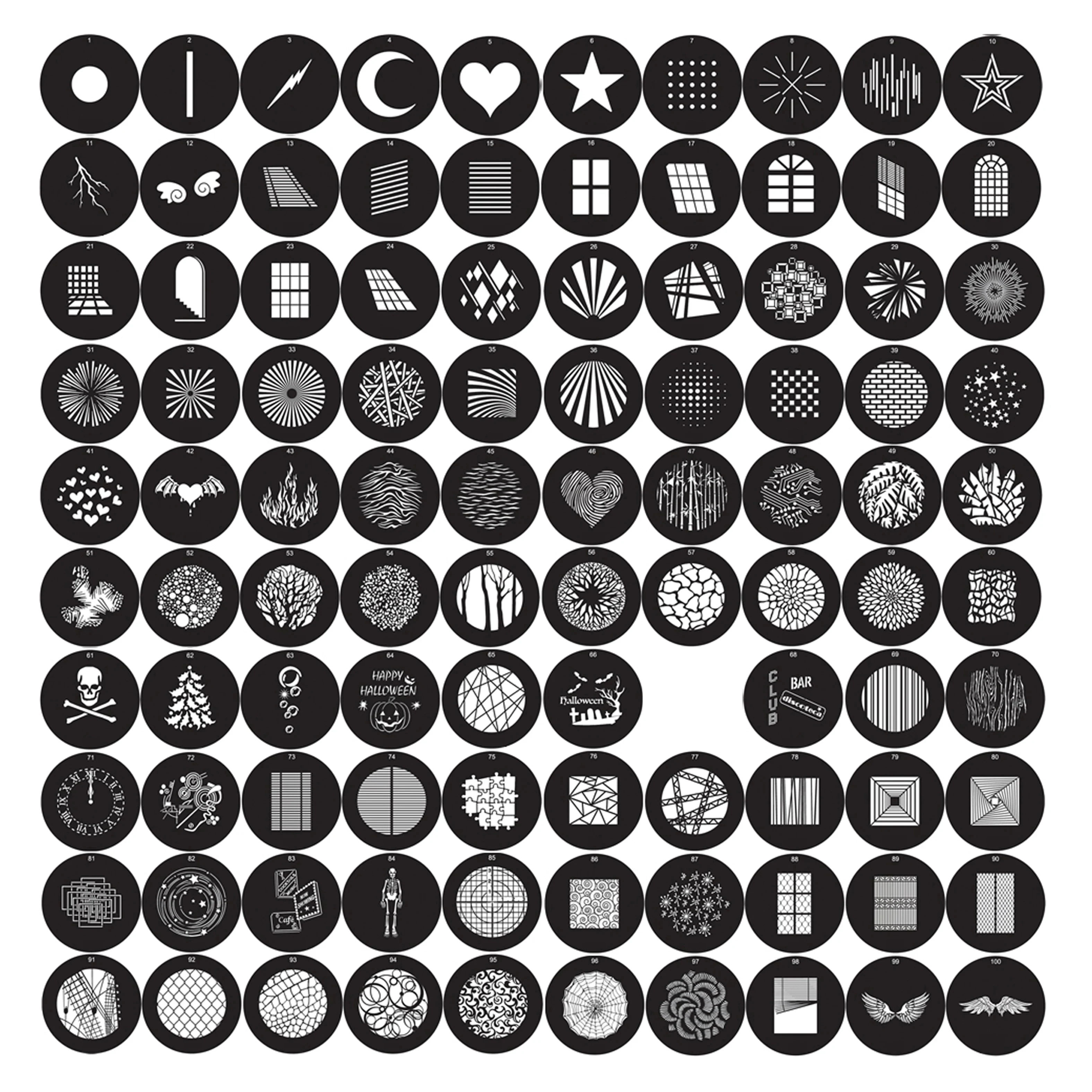 100pcs 66mm 2022 new Gobo Kits Máscaras de Inserção para Godox SA-09 001 002 003 004 S30 S60 SL150II VL150 VL200 Bowens Montar Luz