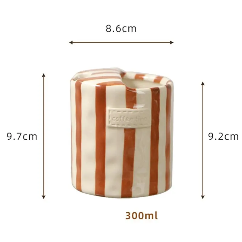 AB33-Retro 10Oz Hand Painted Striped Coffee Mug With Sip Hole(2Pcs), Espresso Cup