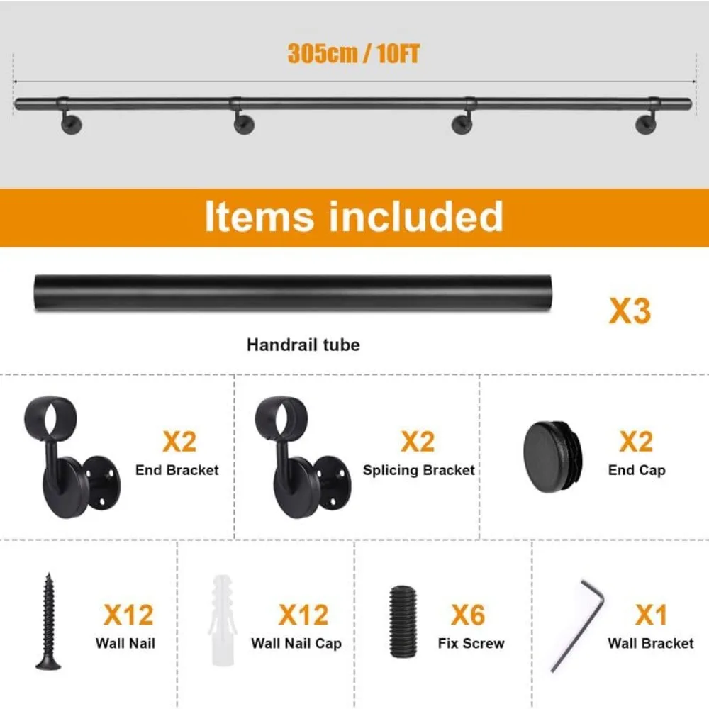 مجموعة درابزين الدرج المعدني الصناعي - درابزين ألومنيوم قوي مثبت على الحائط للسلالم الداخلية والخارجية على الخشب أو الخرسانة