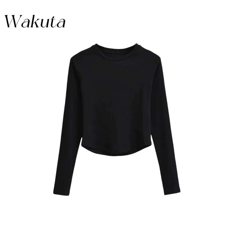WAKUTA American Classic Round Neck Plunge Long Sleeve Bottom Shirt Casual Stretch Slim Solid Color Hem Curved Tees Pro Choice image 5