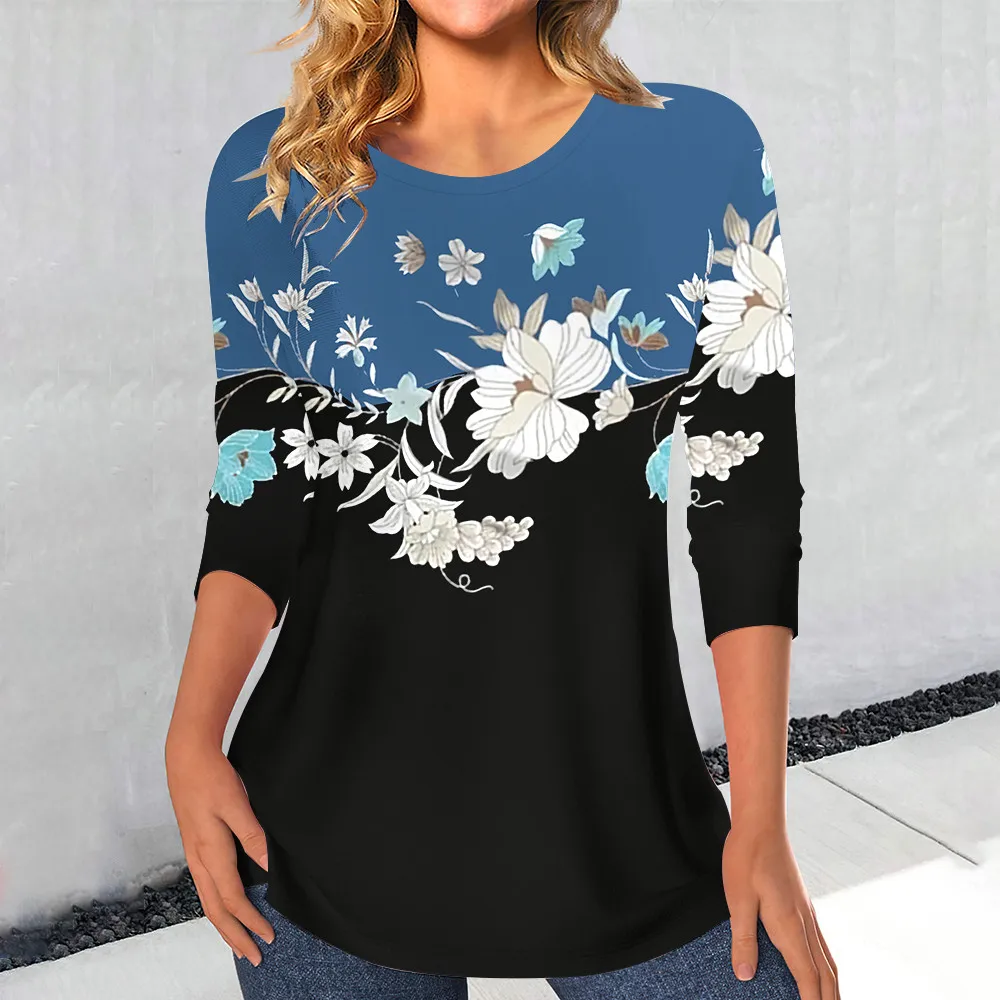 Women\'s Casual Rose Print T Shirt For Women Elegant Fashion Female Clothes Streetwear Vintage Long Sleeve Loose Tops Oversized