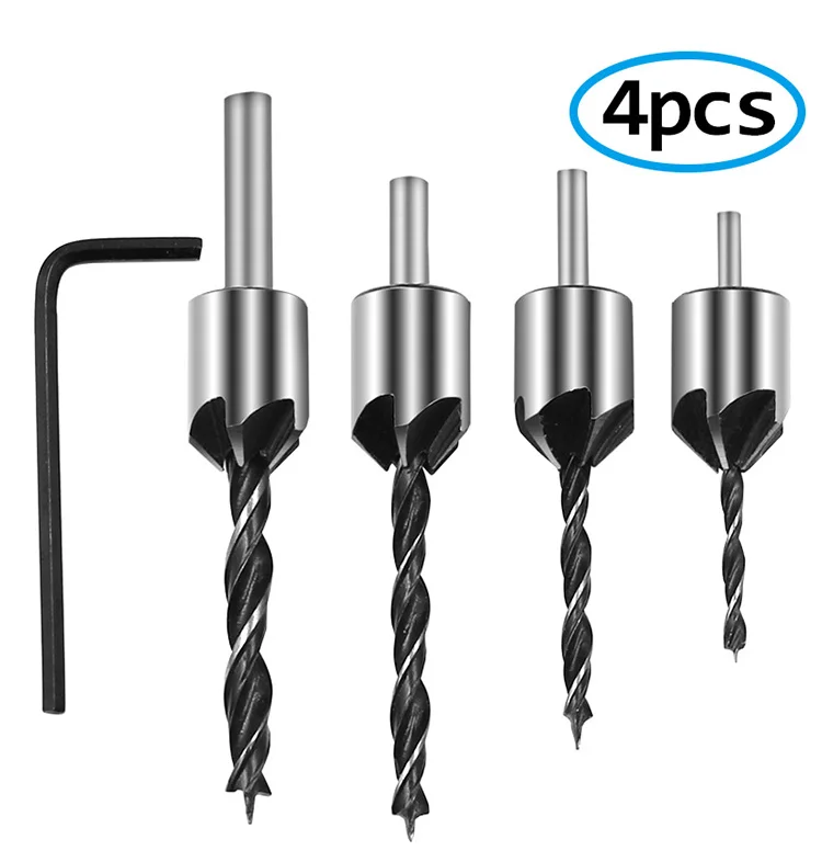 4pcs Carpentry Drill+1pc Wrech 3mm-6mm HSS Flute Countersink Drill Bits Set Chamfer Reamer For Woodworking Drill Bit Power Tools