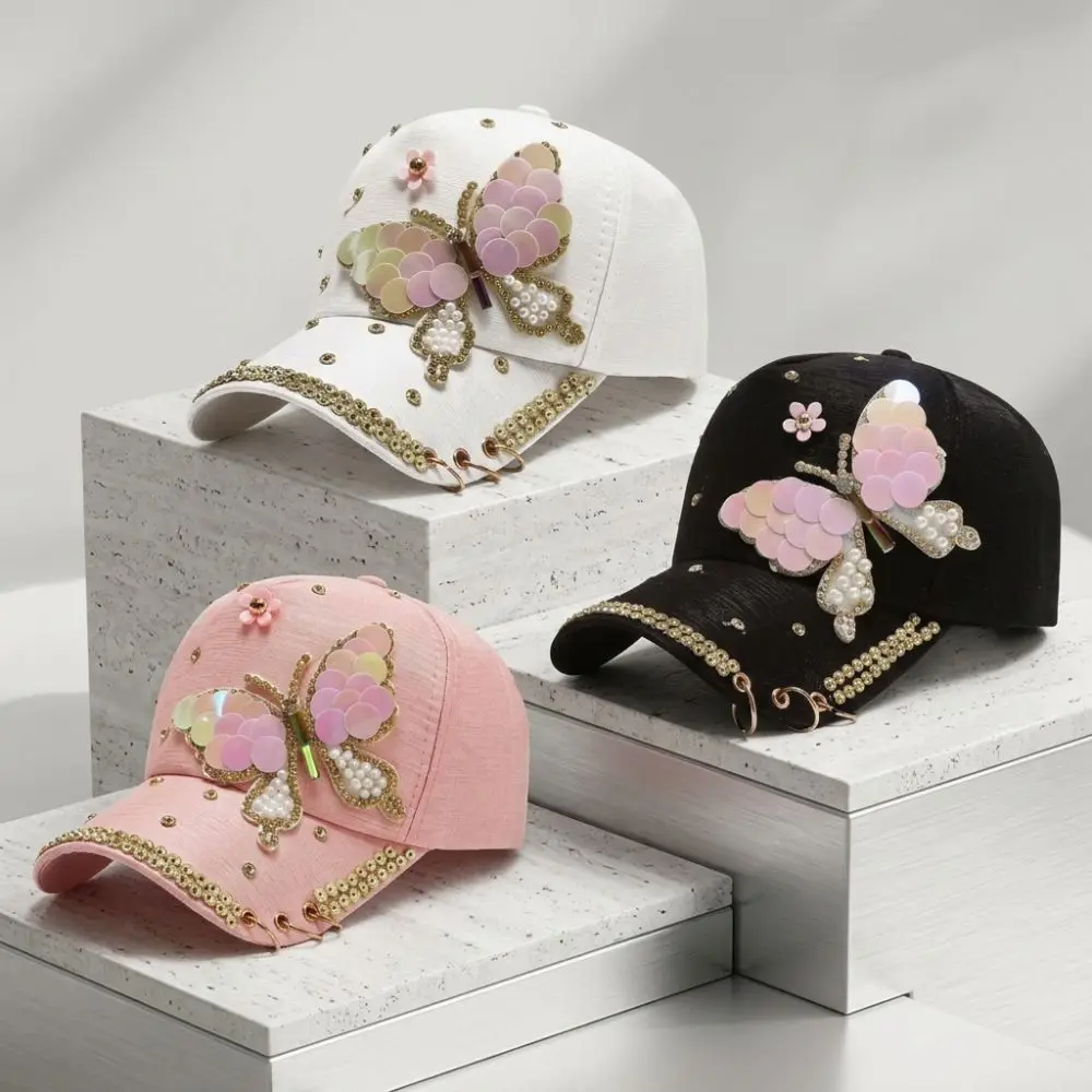 Sequined Butterfly Shiny Baseball Cap Versatile Rhinestones Women's Sun Hat Sun Protection Lightweight Peaked Cap Outdoor Travel