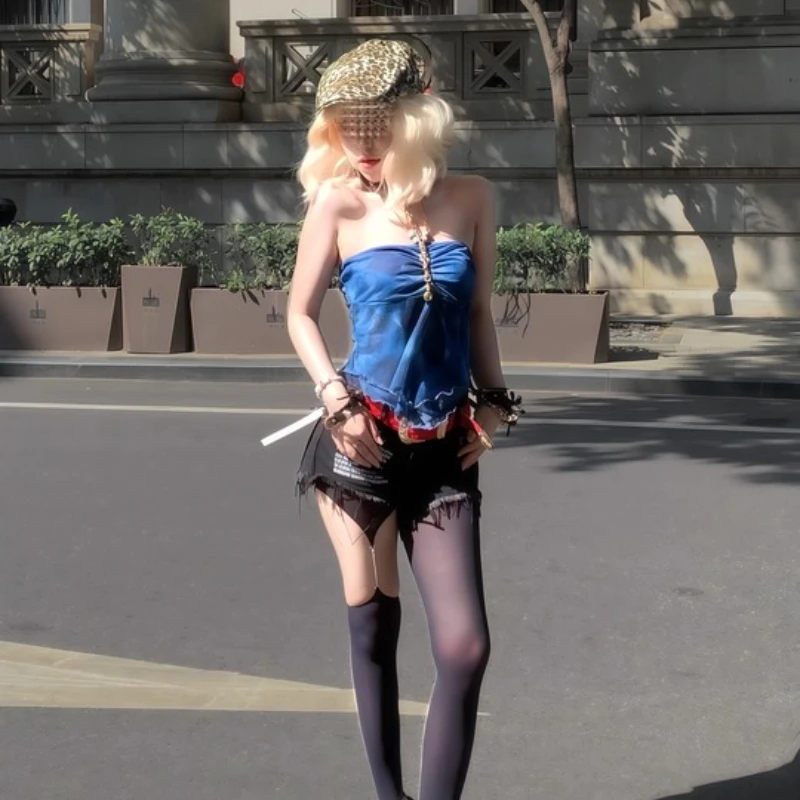 Original Retro Hot Girl Style Tie-Dye Print Ruched Strap Halter Women's Vest Gothic Summer New Sexy Beaded Sleeveless Top Ladies