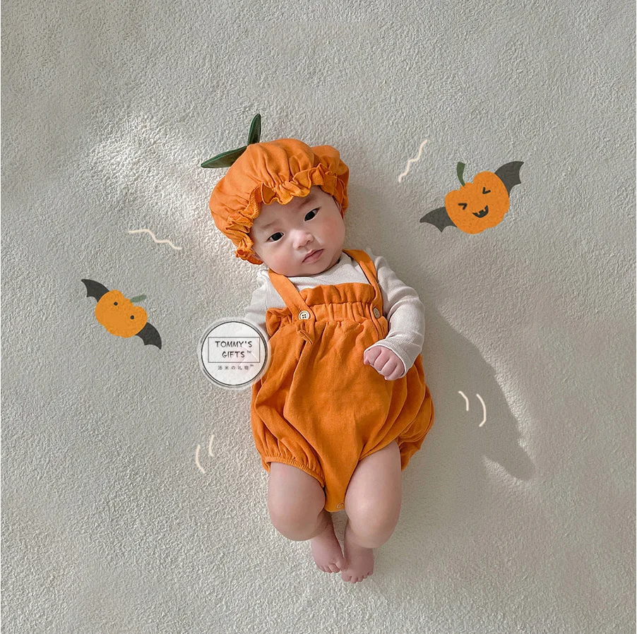 Pakaian bayi 2023 musim gugur mode panas pakaian bayi perempuan Halloween memanjat setelan labu lentera celana + topi