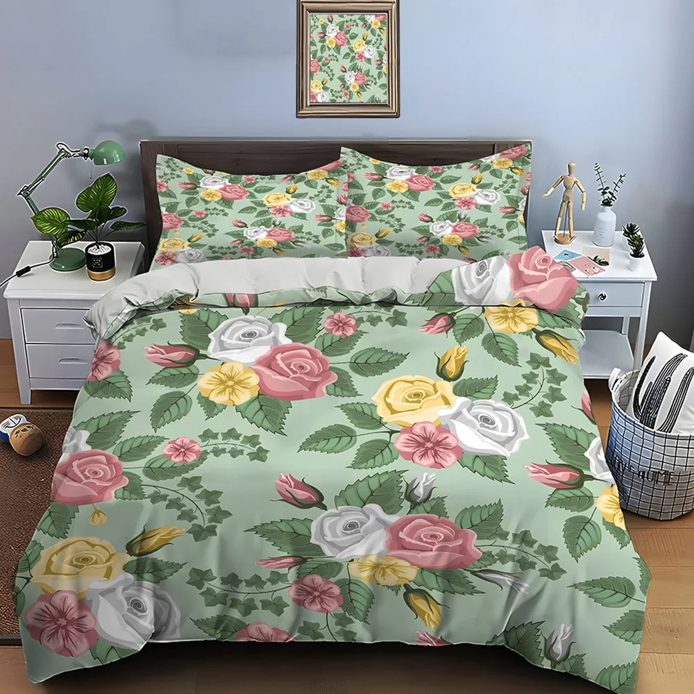 Bunter Blumenmuster-Rosenmuster-Druck, weicher, bequemer Bettbezug, Bettwäsche-Set, inklusive 1 x Bettbezug, 2 x Kissenbezüge, Luxusgeschenke