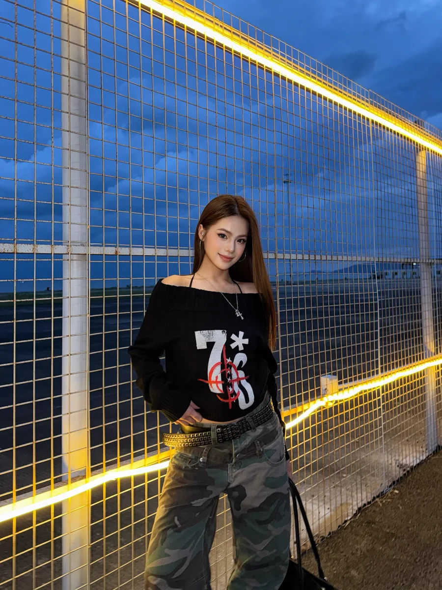 

Вязаный свитер Caiii American Retro Spicy Girl Digital Fit для женщин, с одним открытым плечом, длинными рукавами, теплый, приятный к телу