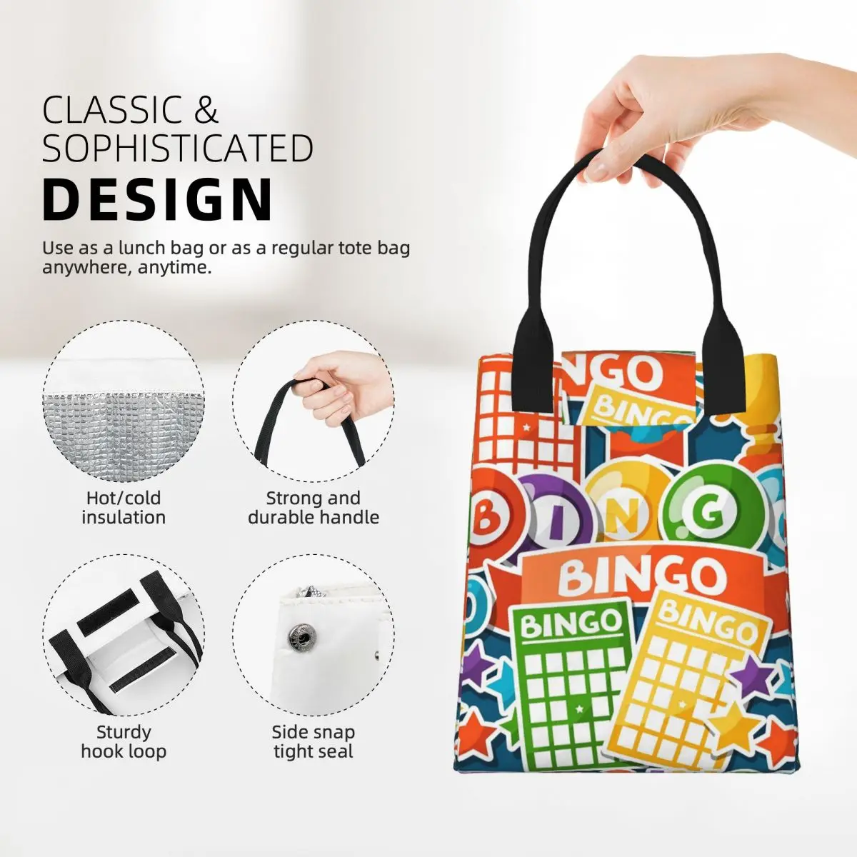 Bingo Paper Game Insulated Lunch Bag for Camping Travel Waterproof Thermal Cooler Bento Box Women Kids Food Container Tote Bags