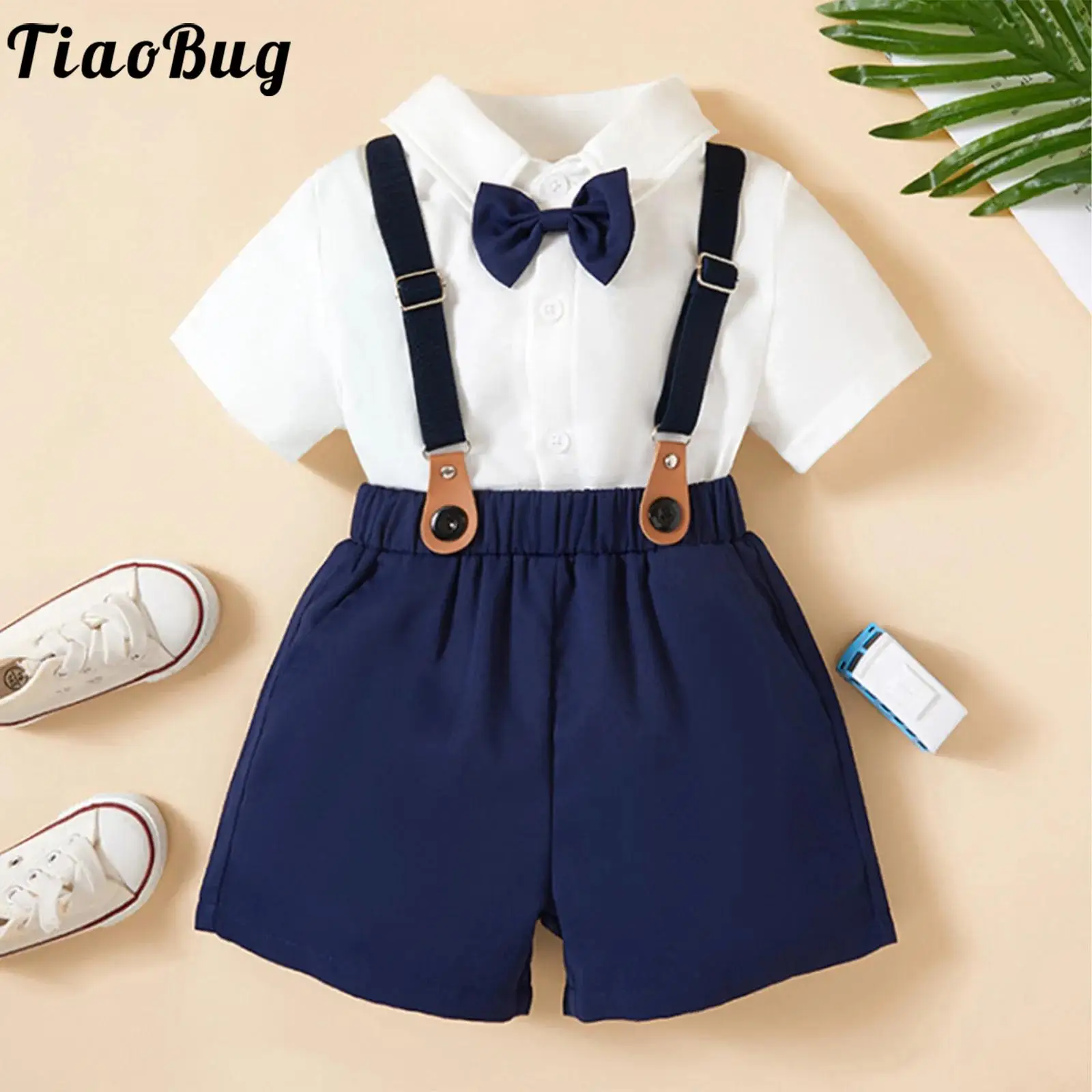 

Baby Boys Gentleman Suit Summer Short Sleeve Lapel Shirt Tops with Bow Tie Suspender Shorts Kids Clothing Wedding Party Outfits