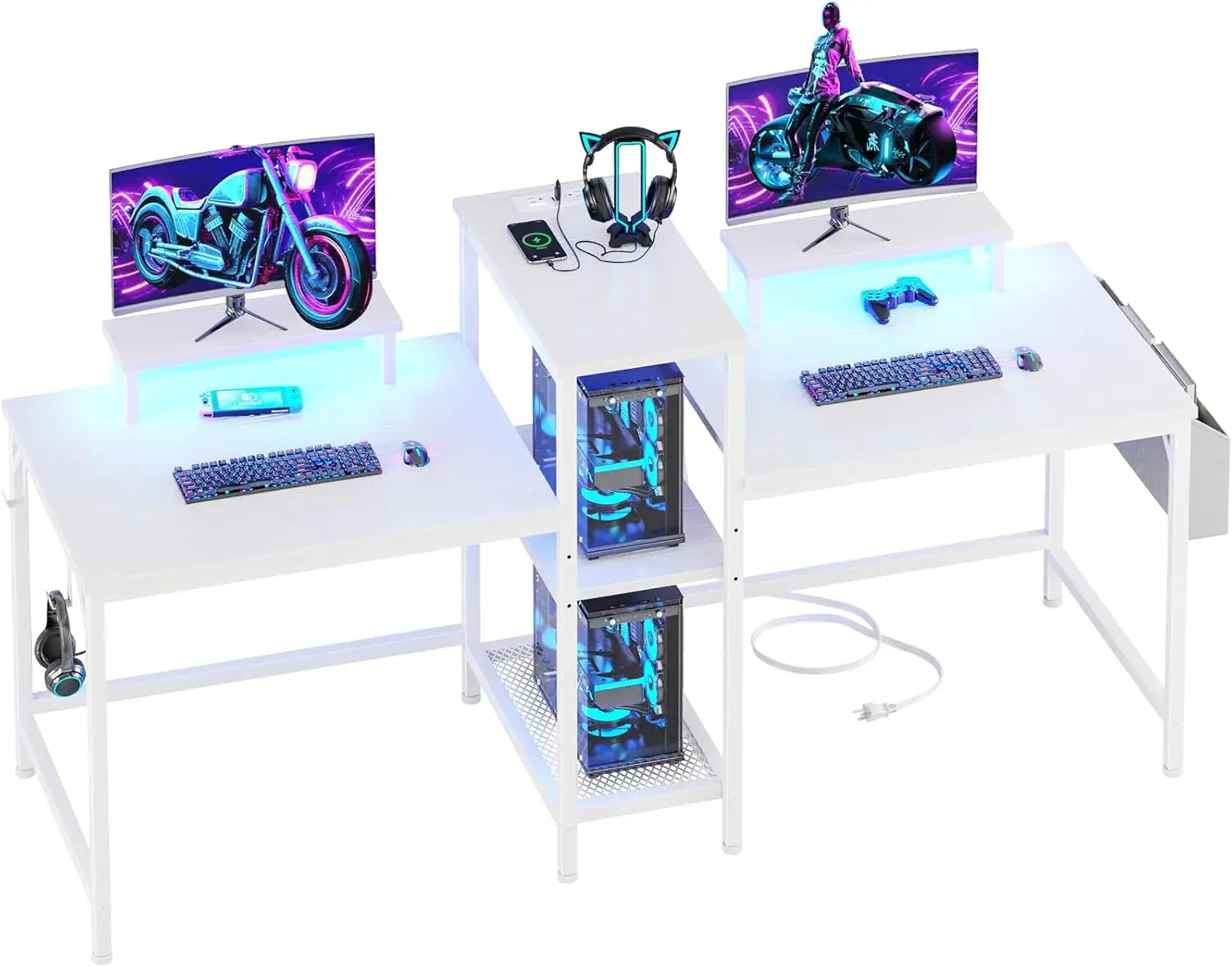2 Person Gaming Desk with LED Lights, 71 Inch Computer Desk with Power Outlets and Monitor Stand, Double Desk with Storage Bag a