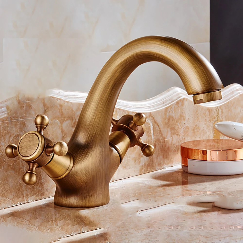 Tianview Brass antique faucet ram's horn bronze double hand wheel under counter sink faucet hot and cold bathroom cabinet faucet