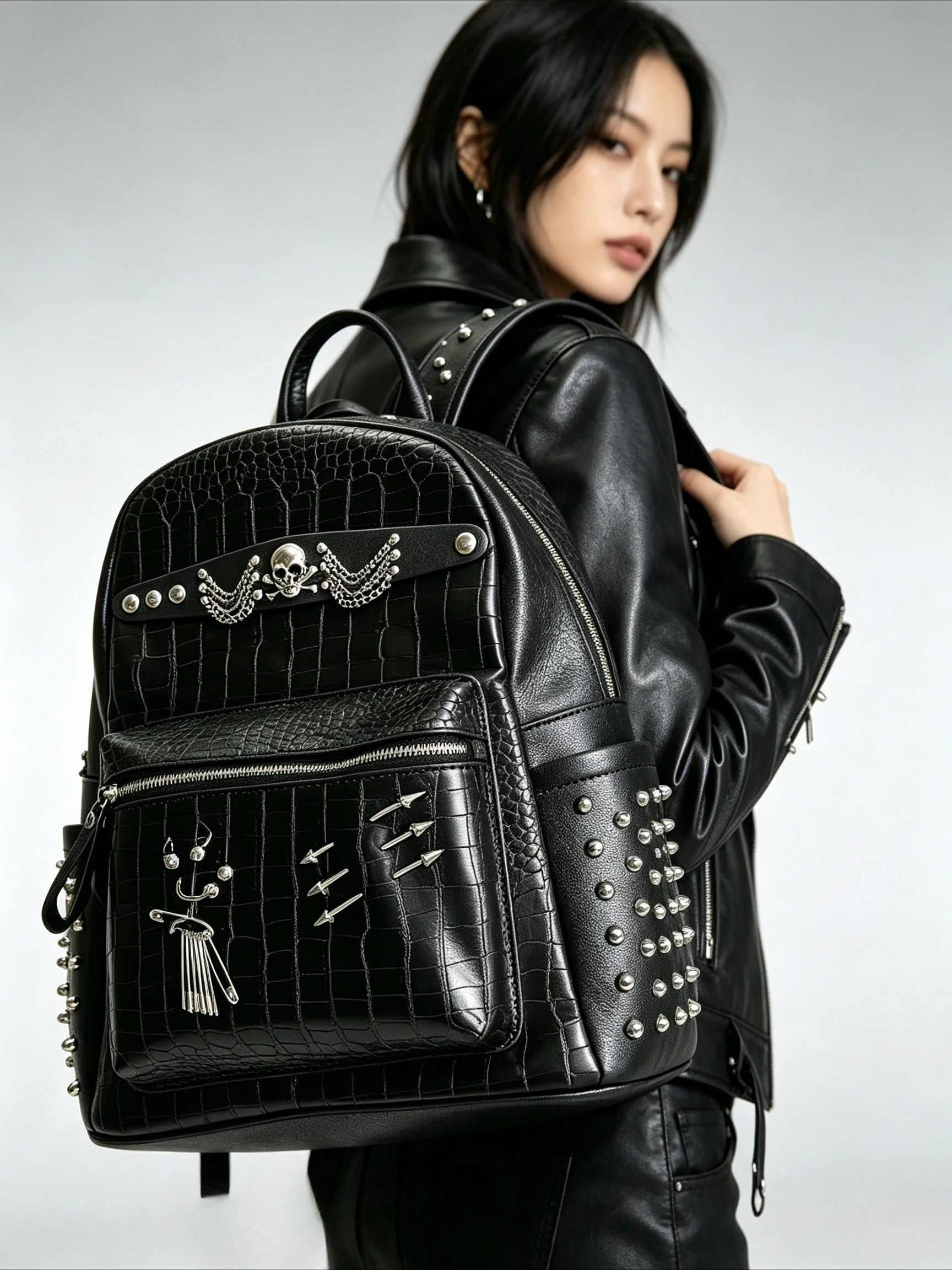 Men and Women Large Capacity Crocodile Textured Backpacks Fashion Motor Style Schoolbag Original Designed Punk Backpack