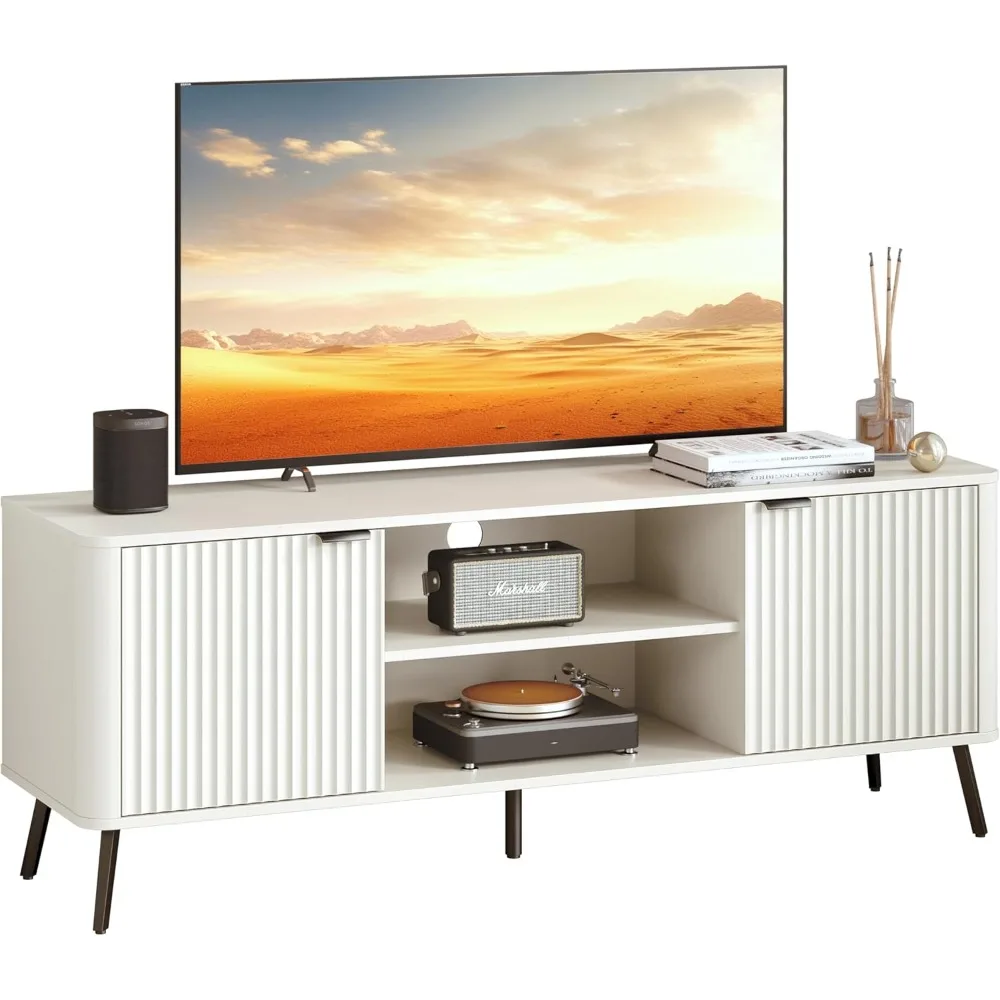 

Entertainment Center with Storage Cabinet and Open Shelves, Mid Century Modern Media Television Furniture Console Table
