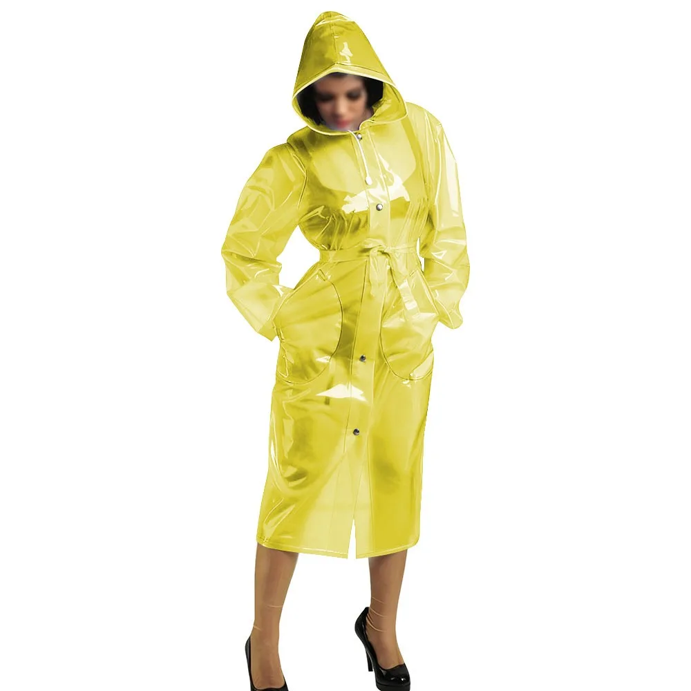 

Женский клубный виниловый пластиковый плащ с капюшоном и длинным рукавом, модные прозрачные длинные пальто из ПВХ, экзотические куртки на пуговицах, верхняя одежда больших размеров