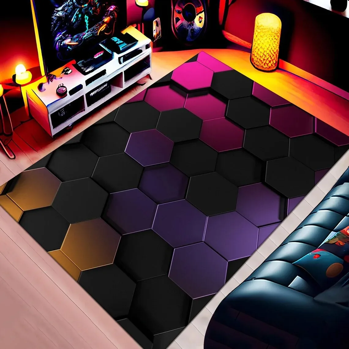Alfombra geométrica 3D, alfombras con luces de neón, alfombras hexagonales para el hogar, decoración para sala de juegos, sala de estar, dormitorio, adolescentes, alfombra deportiva