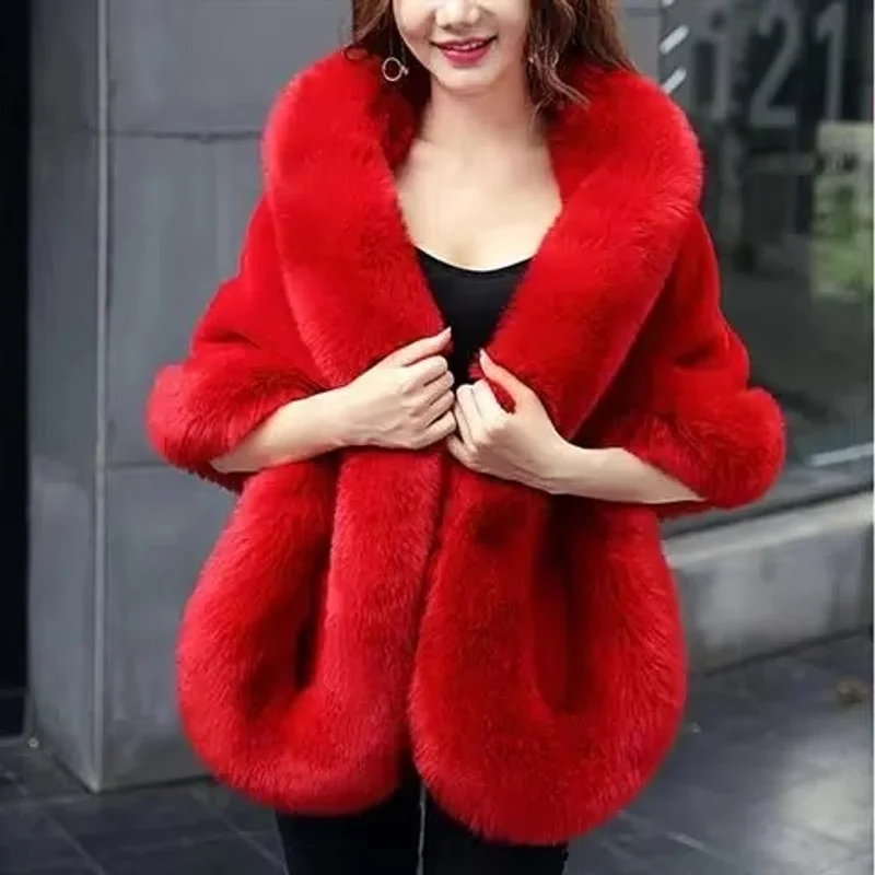 White Fur Shawl Jacket Women's 2026 Autumn Winter New Faux Mink Fox Fur Dress Cheongsam Cloak Coats Thicken Warm Short Outwear