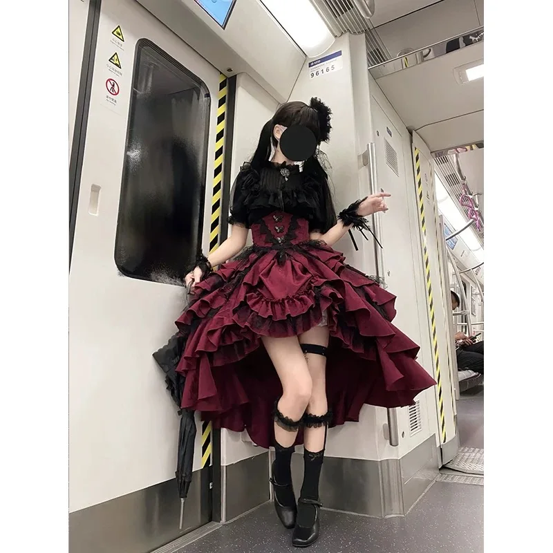 Halloween Gothic Dark Lolita Suit Stand Collar Ruffles Puff Sleeves Top High Waist Lace Up Irregular Skirt Two Piece Sets Women