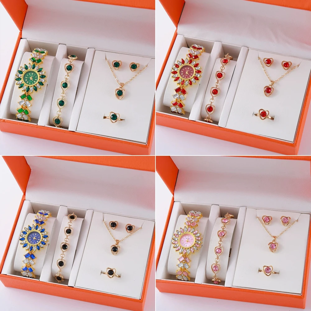 

Women Fashion Watches Heart Rhinestone Ring Necklace Earring Jewelry Set Luxury Dress Quartz WristWatch Simple Elegant Watch Gif