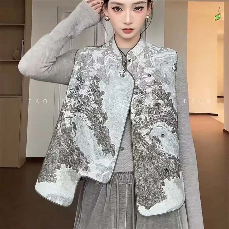 

Женские жакеты и жилеты: Новинка! Жаккардовый жилет в китайском стиле с косой застежкой, дышащий, модный дизайн, универсальный жилет-пальто для весны.