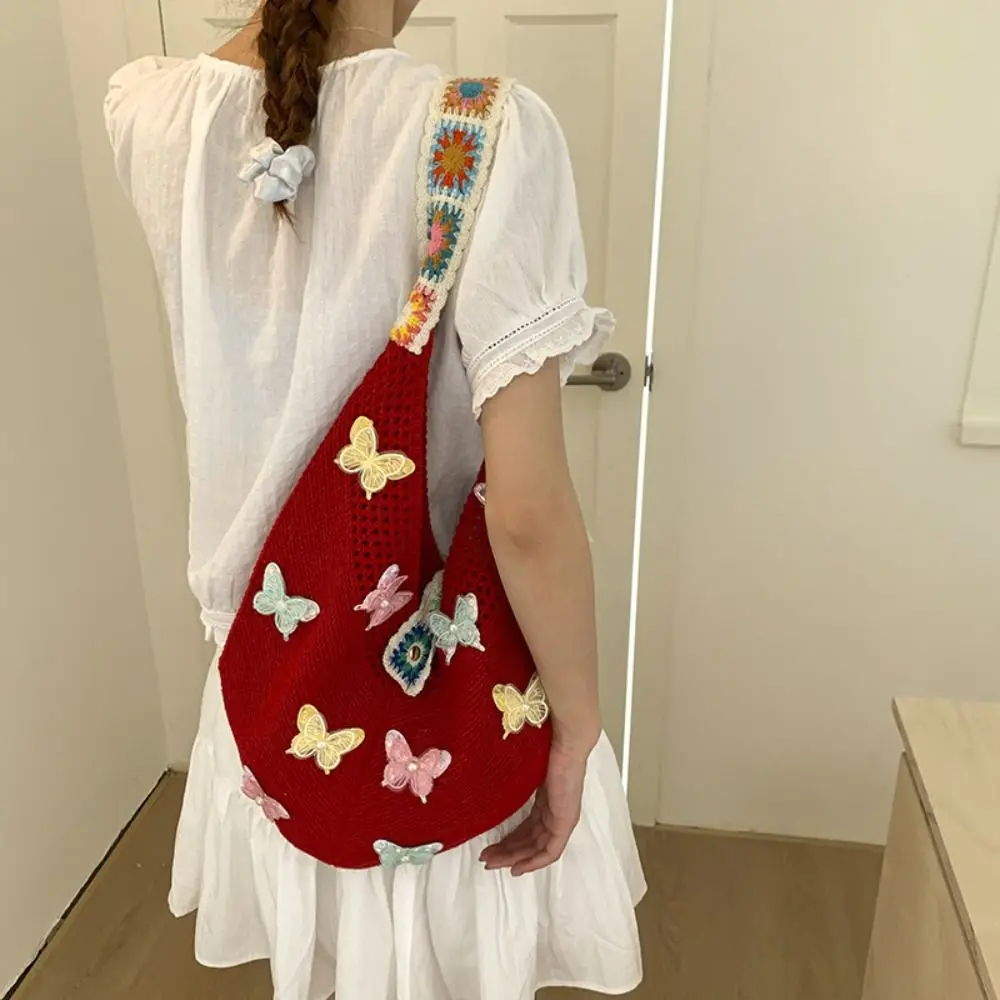 

Вязаная сумка в богемном стиле с узором бабочки, большая вместительная ажурная пляжная сумка через плечо, сумка в этническом стиле, плетеная сумка в стиле бохо, сумка для хранения вещей