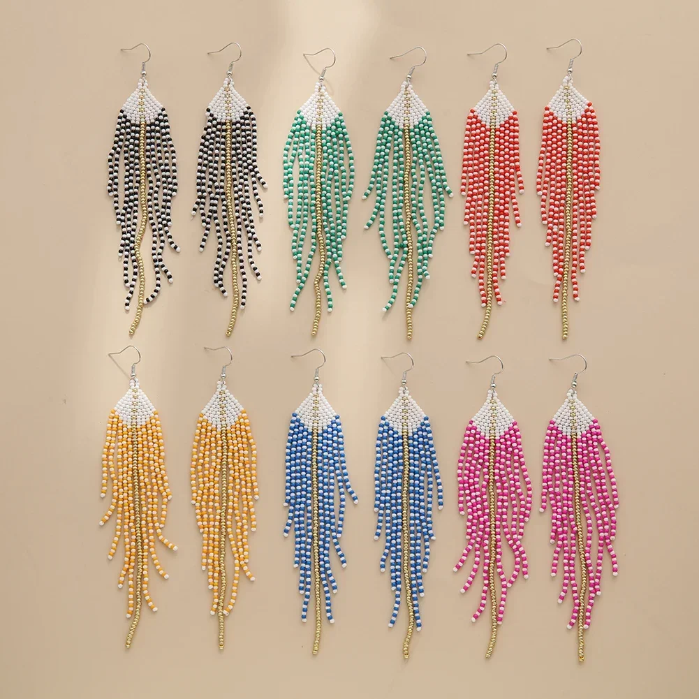 ZGMXR Rice bead earrings Tassel Raindrop Design Geometry Hand knitting Bohemia Alloy Female Fashion Simple Beaded earrings