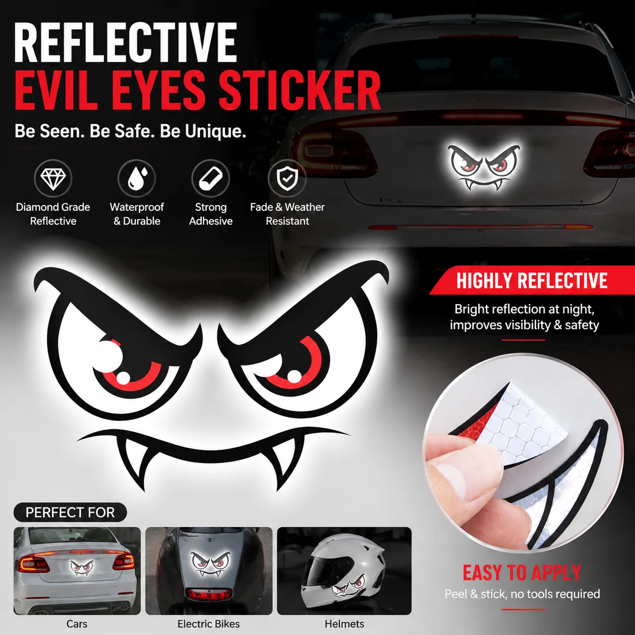 Devil Eye Reflective Motorcycle Safety Warning Stickers Car Sticker Motorcycle Helmet Custom Creative Vehicle Decal Sticker