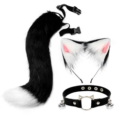 Lolita-Pince à cheveux oreilles de chat en peluche, queue de loup en fourrure avec faux cuir, collier ras du cou clochette, ensemble de olympiques de cosplay animal anime